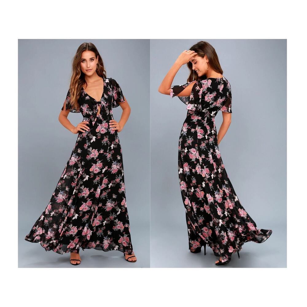 EUC Lulus Wings of Love Black Pink Floral Print Tie Front Maxi Dress‎ Size Small